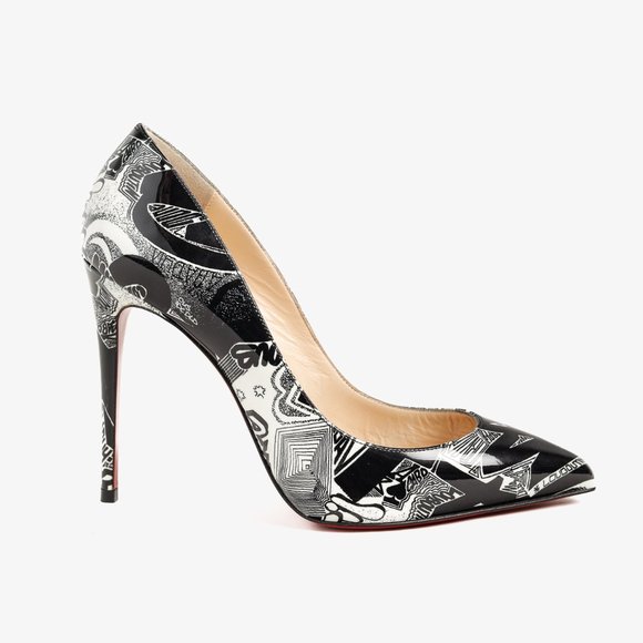 Christian Louboutin Patent Nicograf Pigalle Follies 100 Black White Pumps, Sz 5